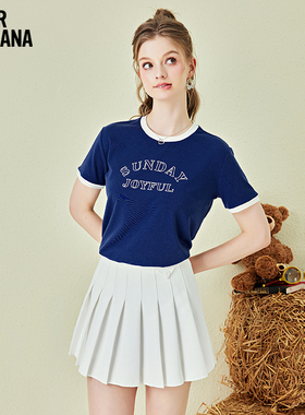 Mikibana字母印花甜酷撞色拼接套头圆领短袖T恤春夏女J41TT3233