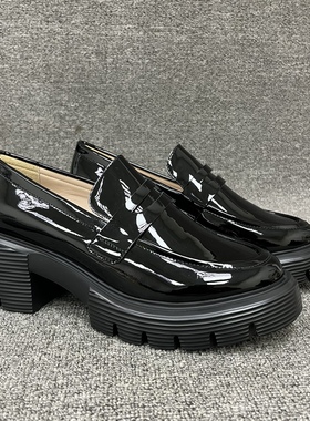 BALLET WAR2023春季新款粗高跟乐福鞋牛皮圆头单鞋舒适百搭黑色潮