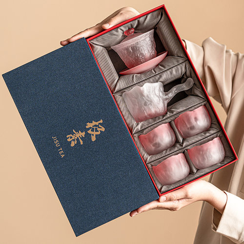 上神琉璃功夫茶具套装渐变粉女士盖碗茶杯不烫手磨砂泡茶整套礼盒