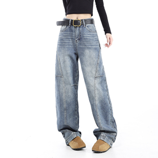 150小个子设计感高街美式倒装牛仔裤女加绒水洗复古弯刀裤