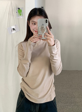 EAL玻尿酸磨毛半高领打底衫女2025春季内搭弹力修身长袖肌底衣