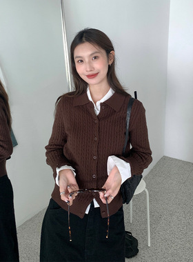 EAL复古Polo领刺绣麻花针织开衫女新款韩版显瘦收腰气质减龄外套