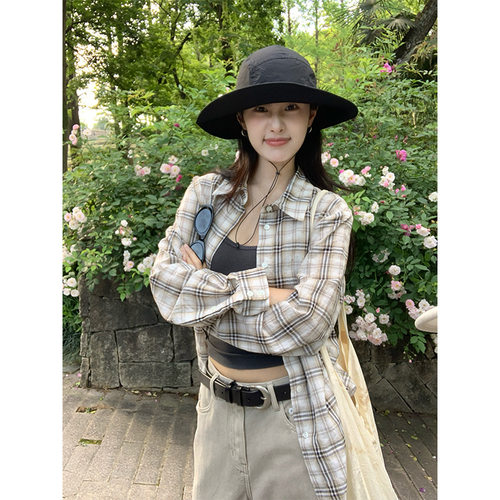 EAL慵懒风全棉格纹长袖衬衫女夏季楠涛落肩设计感薄款防晒衬衣