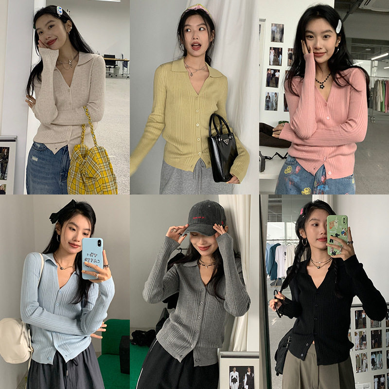 EAL羽迹上衣女2025春季ins小众盐系显瘦百搭毛衣坑条翻领针织开衫