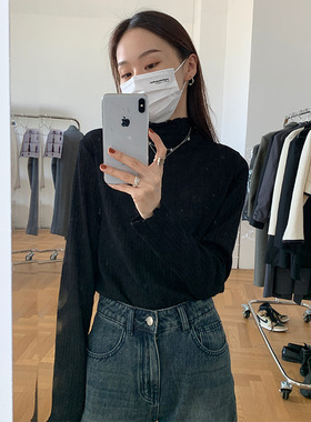 EAL楠涛提花木耳边半高领打底衫女秋季纯色百搭长袖T恤内搭上衣