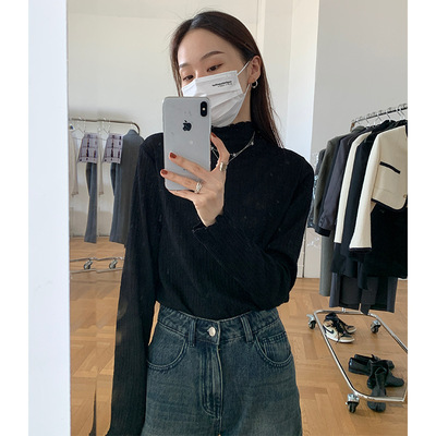 长袖ins木耳边女打底衫T恤