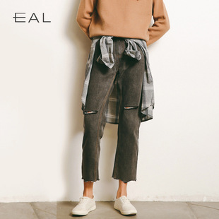 EAL羽迹韩版流行高腰割破破洞水洗磨白撕边九分牛仔裤女A333