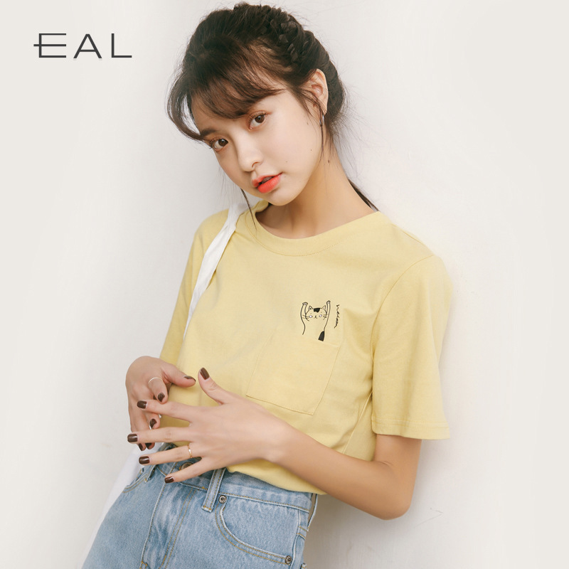 EAL羽迹2025夏季女装韩版学院风少女心印花简猫咪短袖T恤女M338