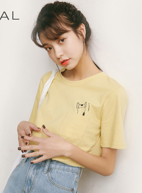 EAL羽迹2025夏季女装韩版学院风少女心印花简猫咪短袖T恤女M338