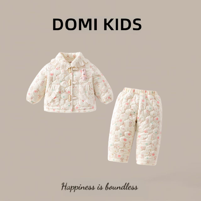 女童睡衣冬装2025新款女宝宝夹棉加绒套装儿童保暖加厚家居服冬季