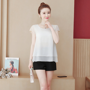 女装 2025年春秋新款 大码 短袖 宽松遮肚吊带背心百搭上衣女 雪纺衬衫