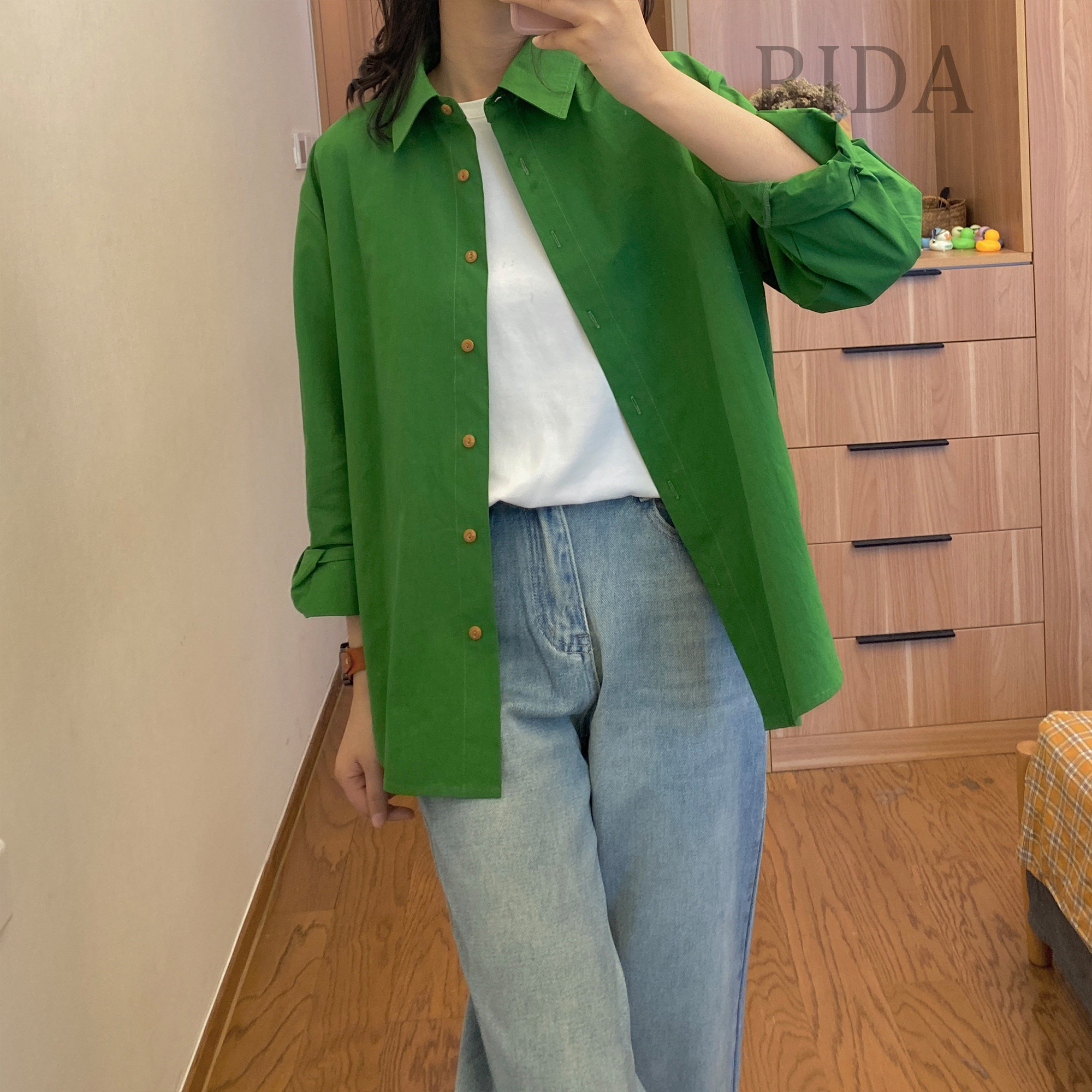 XH-日褡气质简约衬衫休闲百搭纯色复古清小众宽松208C清