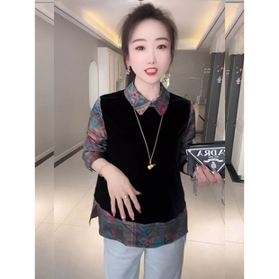 网红款假两件时尚气质撞色衬衫2025秋冬新款拼接金丝绒打底衫上衣