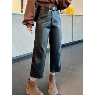 直筒休闲阔腿打底皮裤 女2025秋冬新款 气质百搭蛋白pu皮八分裤 韩版