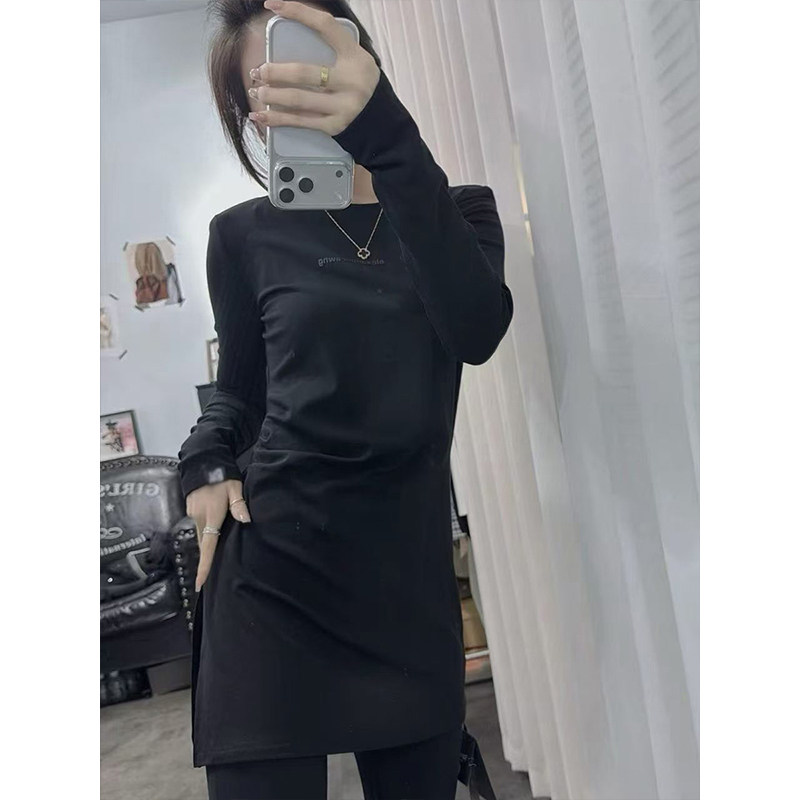 中长款开叉黑色长袖T恤女2026秋季修身显瘦打底衫内搭基础款上衣