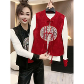 两件套 女2025新春复古提花国风盘扣刺绣打底衫 红色新中式 马甲套装