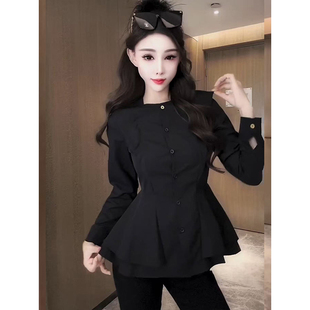 超显瘦欧货纯色荷叶边收腰衬衫 百搭长袖 打底衫 上衣 女2025秋冬新款