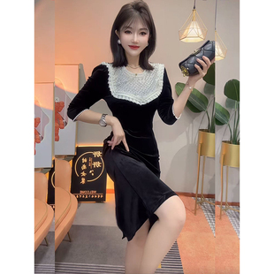 法式赫本风黑色金丝绒气质款长裙2025秋季新品高腰显瘦中袖连衣裙