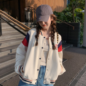 美式学院风短款撞色棒球服外套女春秋超火好看高级感小众夹克上衣图片