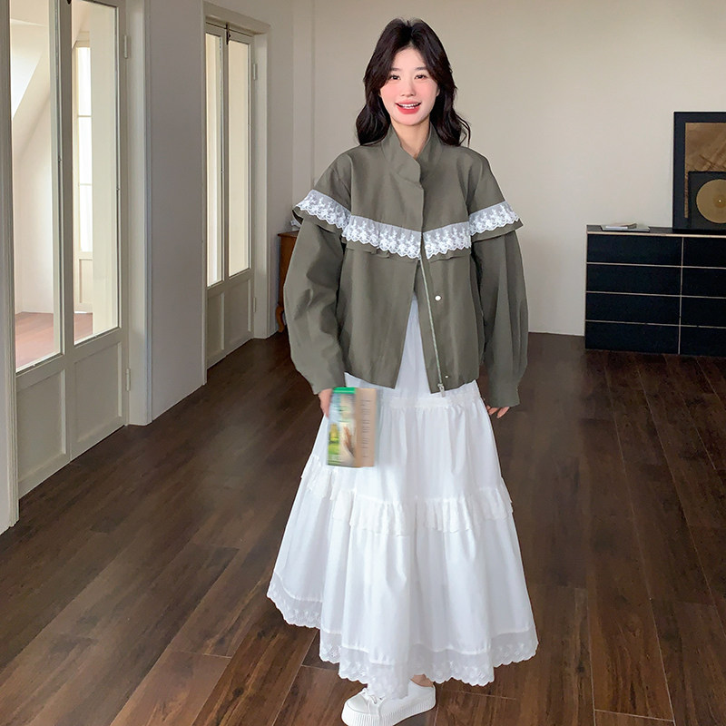蕾丝拼接休闲短外套女2025春季新款设计感超好看宽松时尚夹克上衣,女装短外套,昱儿e优优
