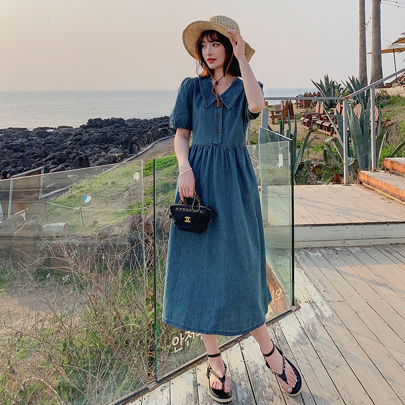 复古娃娃领牛仔连衣裙女2024夏新款泡泡袖温柔风气质初恋长裙子,女装连衣裙,昱儿e优优