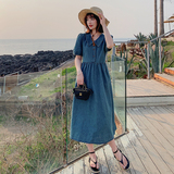 复古娃娃领牛仔连衣裙女2024夏新款泡泡袖温柔风气质初恋长裙子，女装连衣裙，昱儿e优优