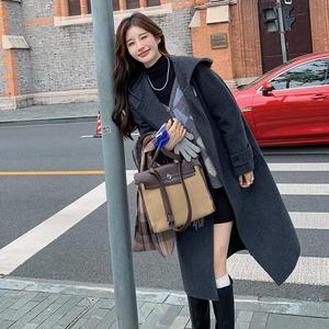 灰色双面羊绒大衣女秋冬新款加厚显瘦高级感气质连帽过膝毛呢外套图片