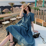 复古娃娃领牛仔连衣裙女2024夏新款泡泡袖温柔风气质初恋长裙子，女装连衣裙，昱儿e优优