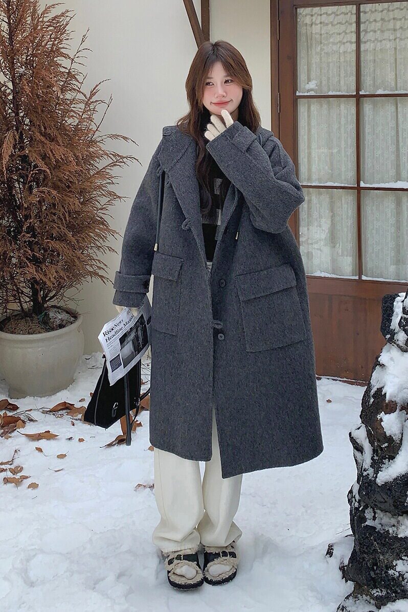 灰色连帽中长款双面羊绒大衣女秋冬2024新款超好看学院风毛呢外套,女装毛呢外套,昱儿e优优