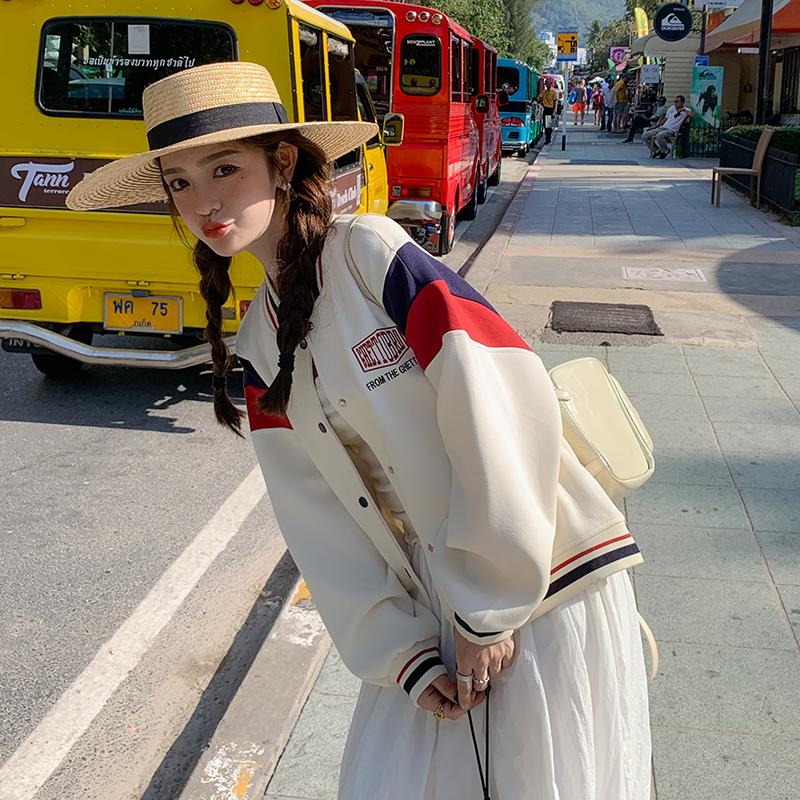 美式学院风短款白色棒球服外套女春秋超火好看高级感小众夹克上衣,女装短外套,昱儿e优优
