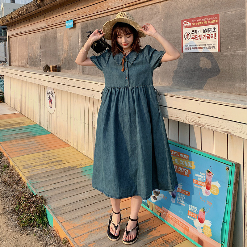 复古娃娃领牛仔连衣裙女2024夏新款泡泡袖温柔风气质初恋长裙子图片