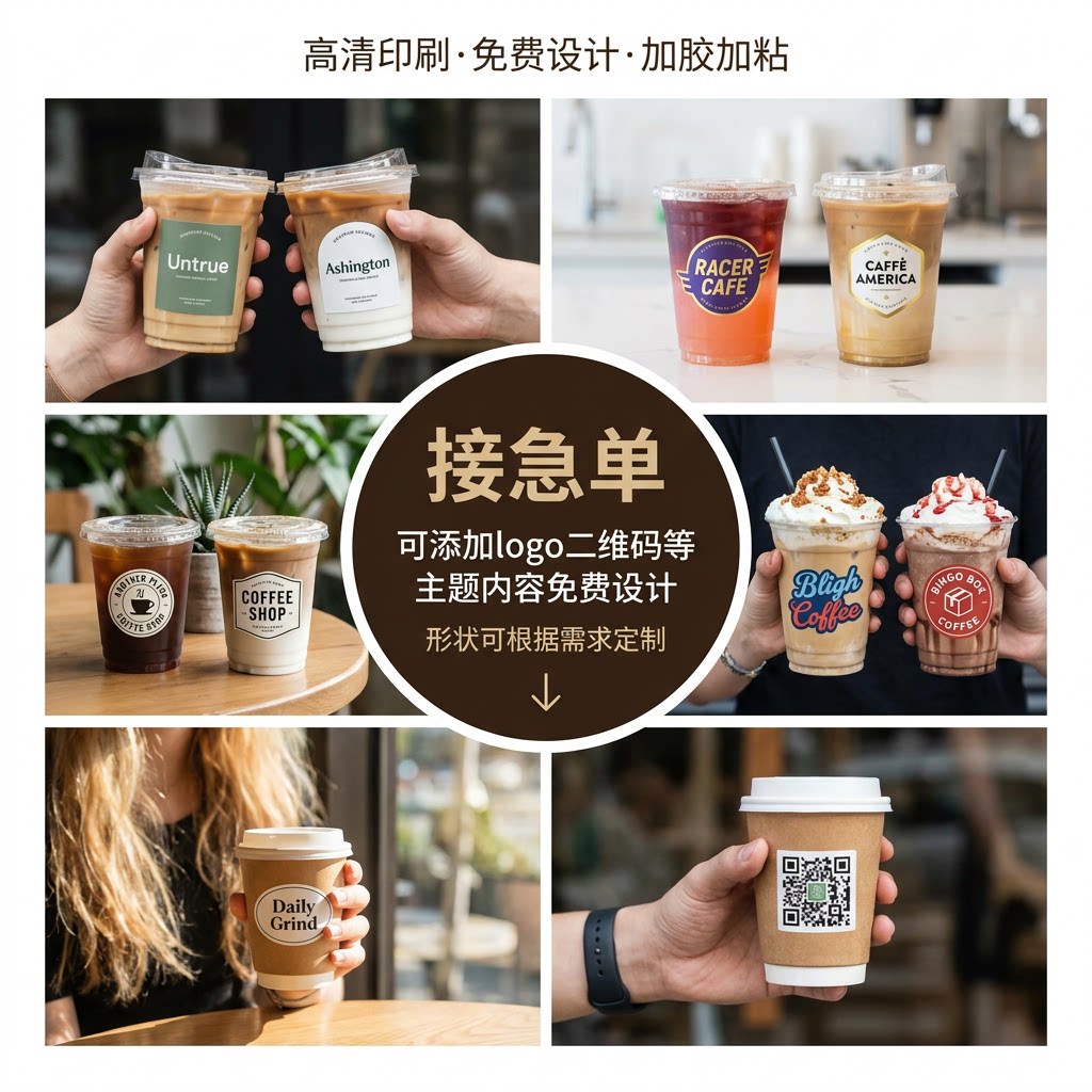 咖啡杯不干胶标签定制logo贴纸防水UV印刷广二维码告宣传单张装