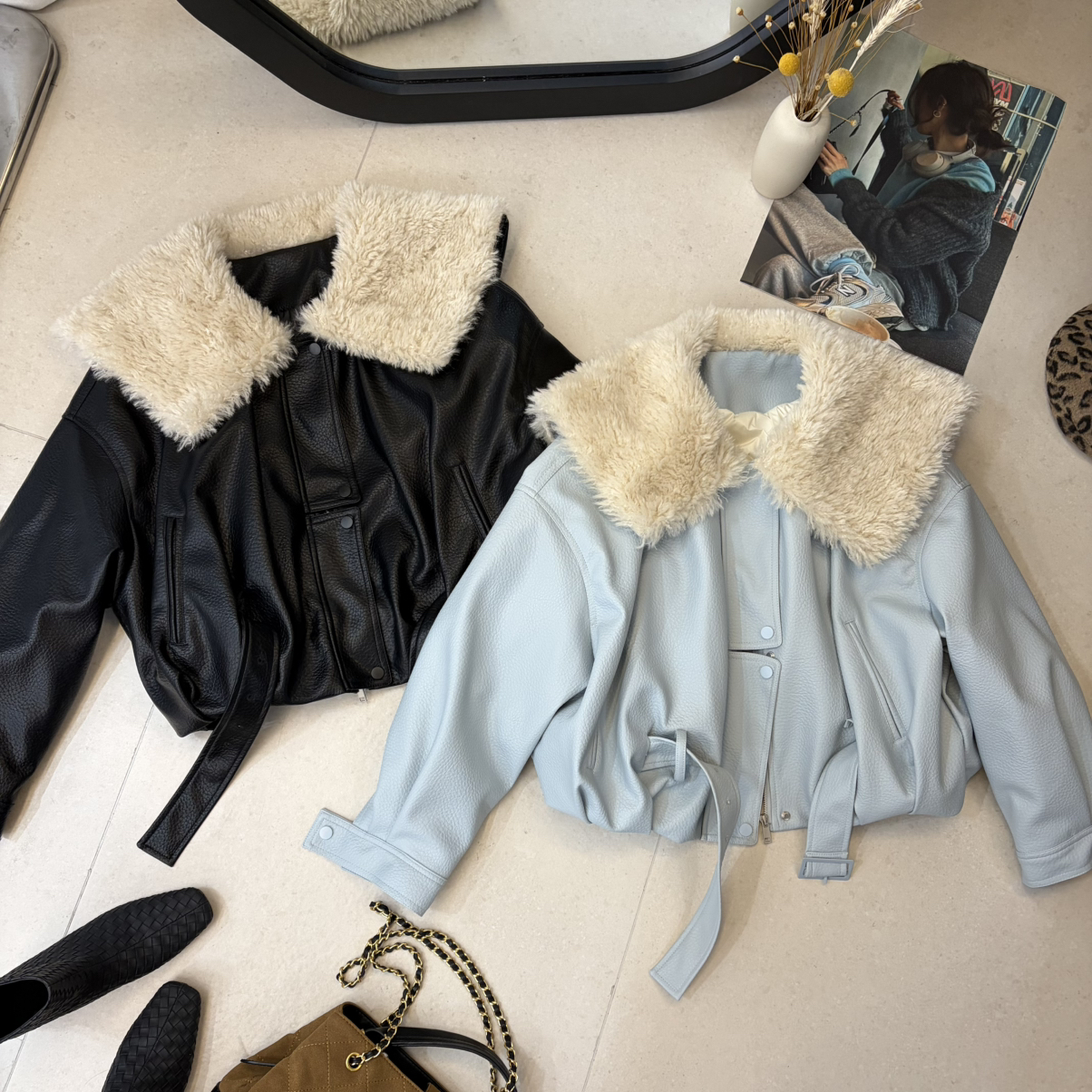 毛漂亮-冬上新韩版减龄毛绒翻领宽松皮质保暖羽绒服外套8563