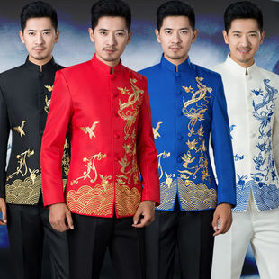 刺绣立领中山装演出服男士大合唱团舞台表演服主持人歌手礼服套装