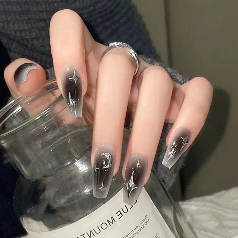 芭蕾风酷黑晕染长款美甲贴片高级