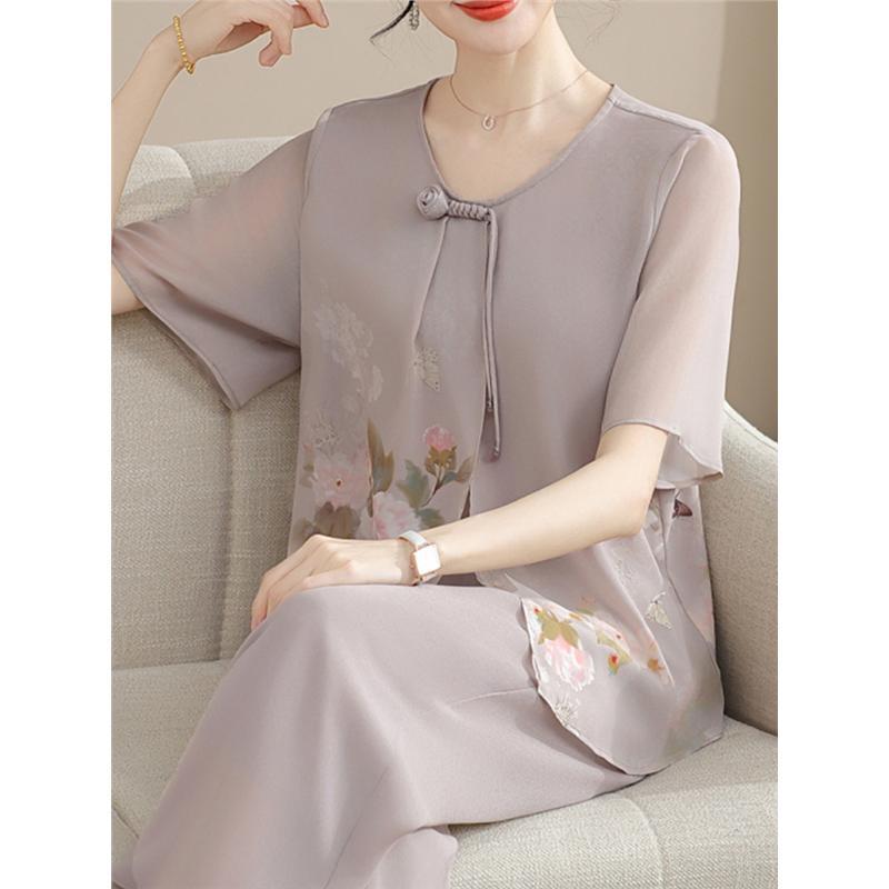 新中式妈妈夏装雪纺套装