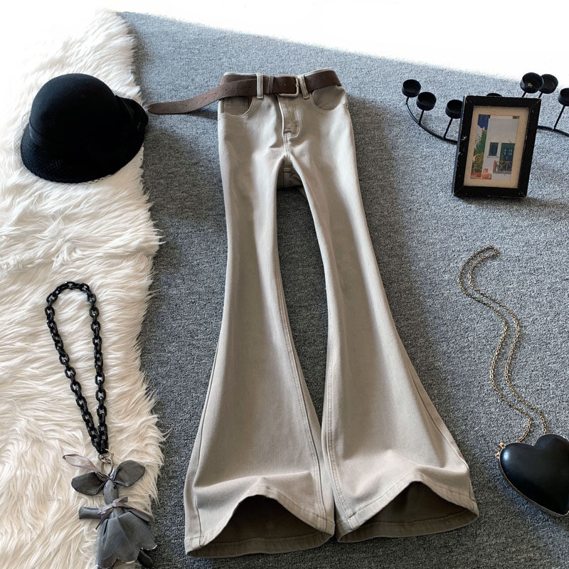 灰色微喇牛仔裤女显瘦弹力不贴腿