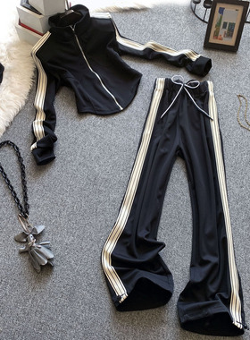 休闲时尚运动套装女春秋季炸街洋气显瘦黑色立领卫衣阔腿裤两件套