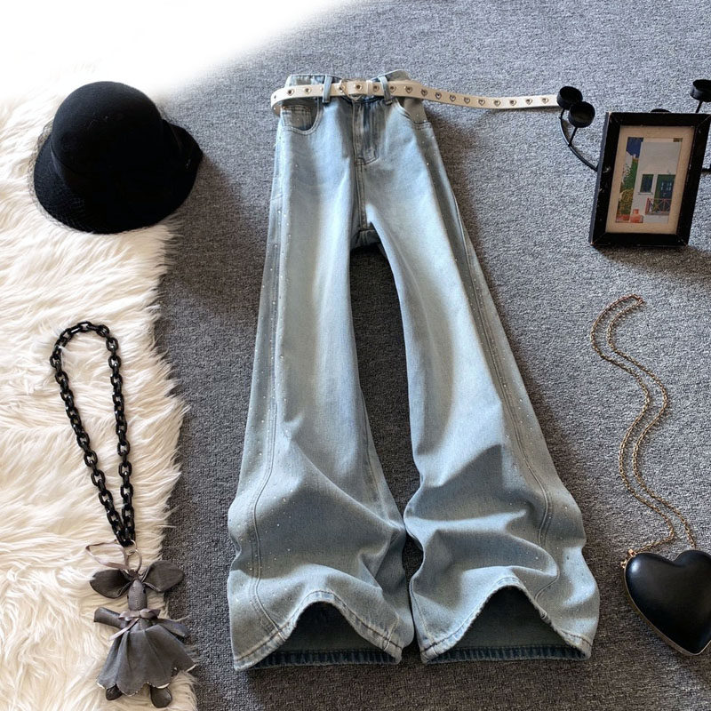 浅蓝色烫钻阔腿牛仔裤女春季2026新款美式复古爆闪宽松显瘦直筒裤