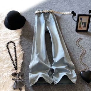 浅蓝色烫钻阔腿牛仔裤女春季2026新款美式复古爆闪宽松显瘦直筒裤