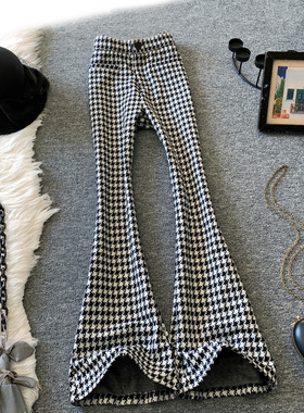 高腰微喇裤女秋冬新款复古显瘦千鸟格裤子毛呢直筒黑白格子休闲裤