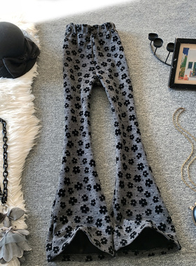 碎花微喇裤女秋冬季新款复古显瘦修身拖地长裤垂感灰色休闲马蹄裤