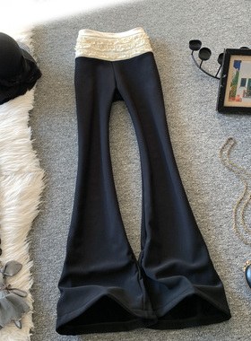 低腰微喇阔腿裤女春秋季加绒高级感拼接褶皱花边西裤垂感黑色长裤