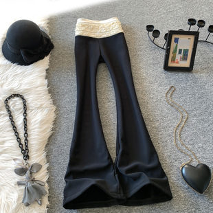 垂感黑色长裤 加绒高级感拼接褶皱花边西裤 女春秋季 低腰微喇阔腿裤