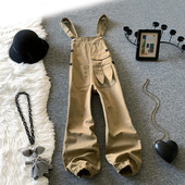 兔耳朵宽松高腰休闲阔腿束脚连体裤 卡其色背带裤 女春秋2026年新款