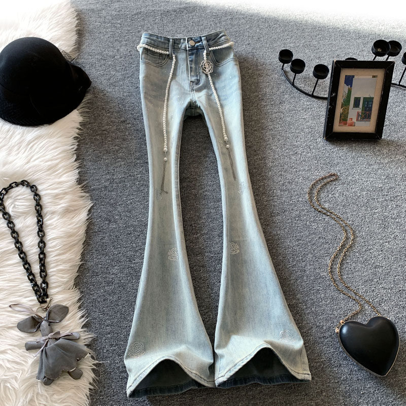 浅蓝烫钻微喇叭牛仔裤女春季2026新款辣妹水洗高腰显瘦修身马蹄裤