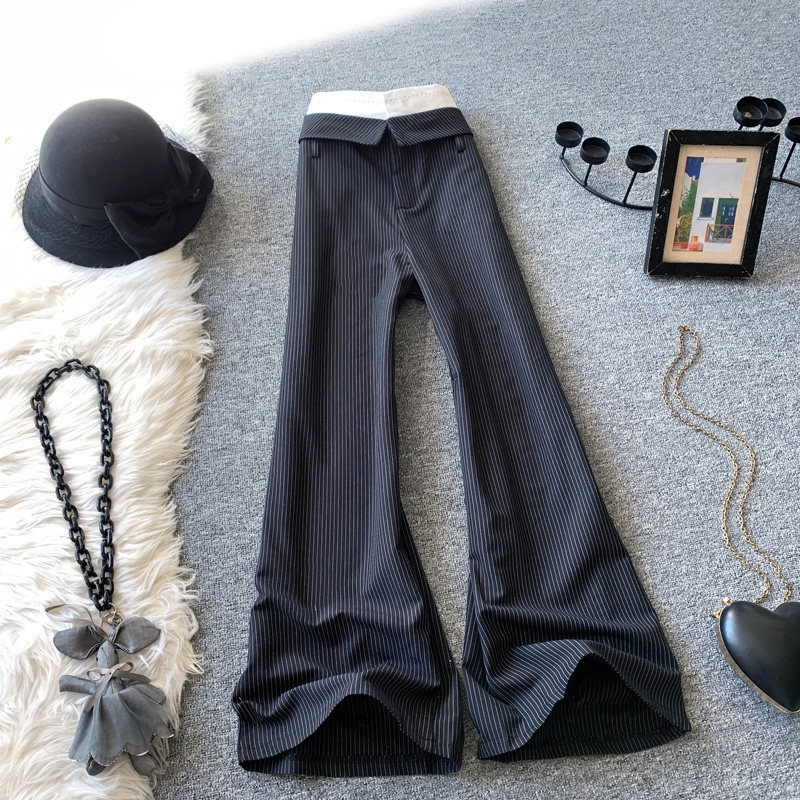 翻边垂感阔腿裤女秋季设计感高腰休闲显瘦黑色条纹直筒拖地西装裤
