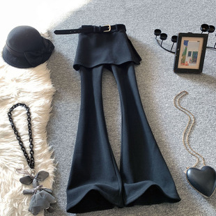 假两件遮臀黑色微喇裤女冬季加绒加厚高腰显瘦垂感休闲毛呢长裤潮