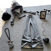 两件套 女春秋搭配一整套灰色短款 套装 连帽卫衣阔腿裤 休闲运动时尚