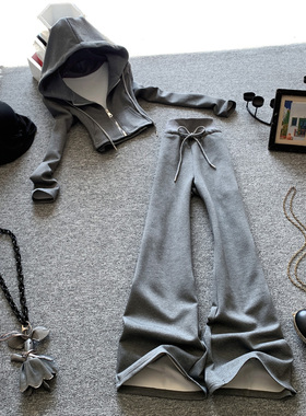休闲运动时尚套装女春秋搭配一整套灰色短款连帽卫衣阔腿裤两件套